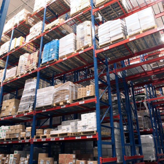 Frazier's Sentinel Selective Pallet Racking with Wire Mesh Deck stores various food stock keeping units.
