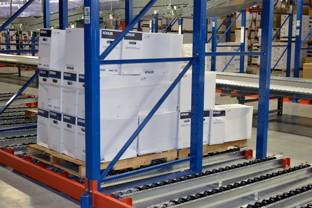 Pallets stored on a Pallet Flow rack system.