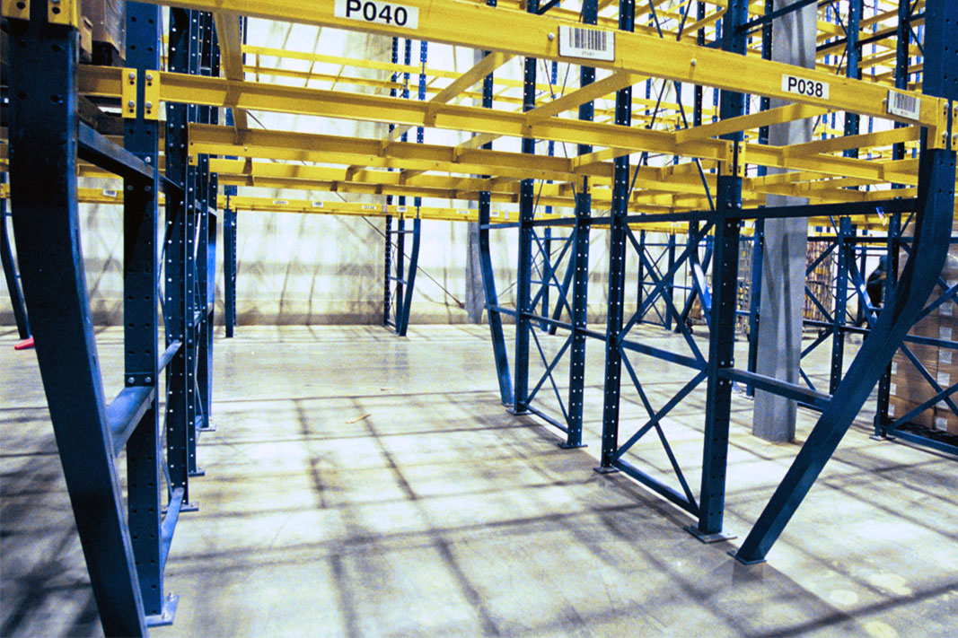 Pallet rack with a Slant Back Frame.