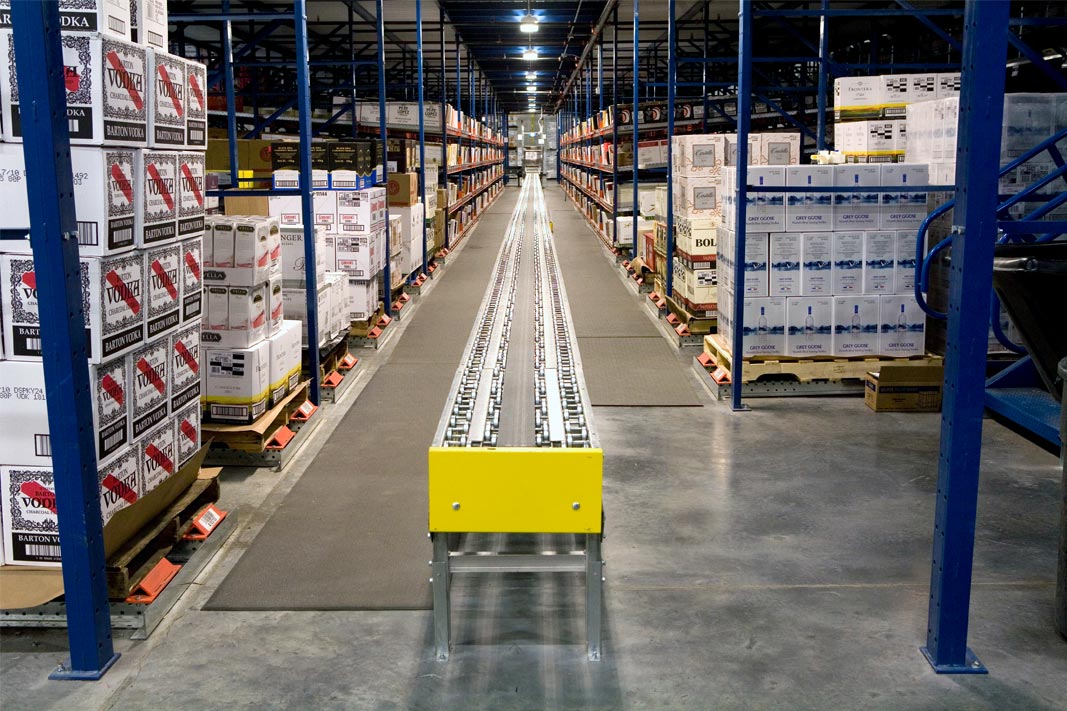 A Pick Module pallet rack system for a beverage application.